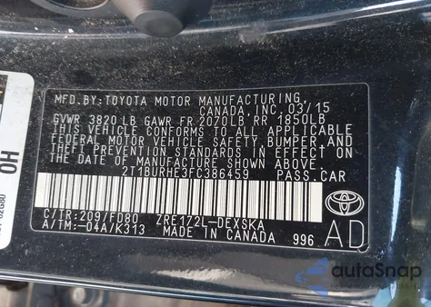 2015 Toyota Corolla S Plus z USA, uszkodzony, nr VIN 2T1BURHE3FC386459